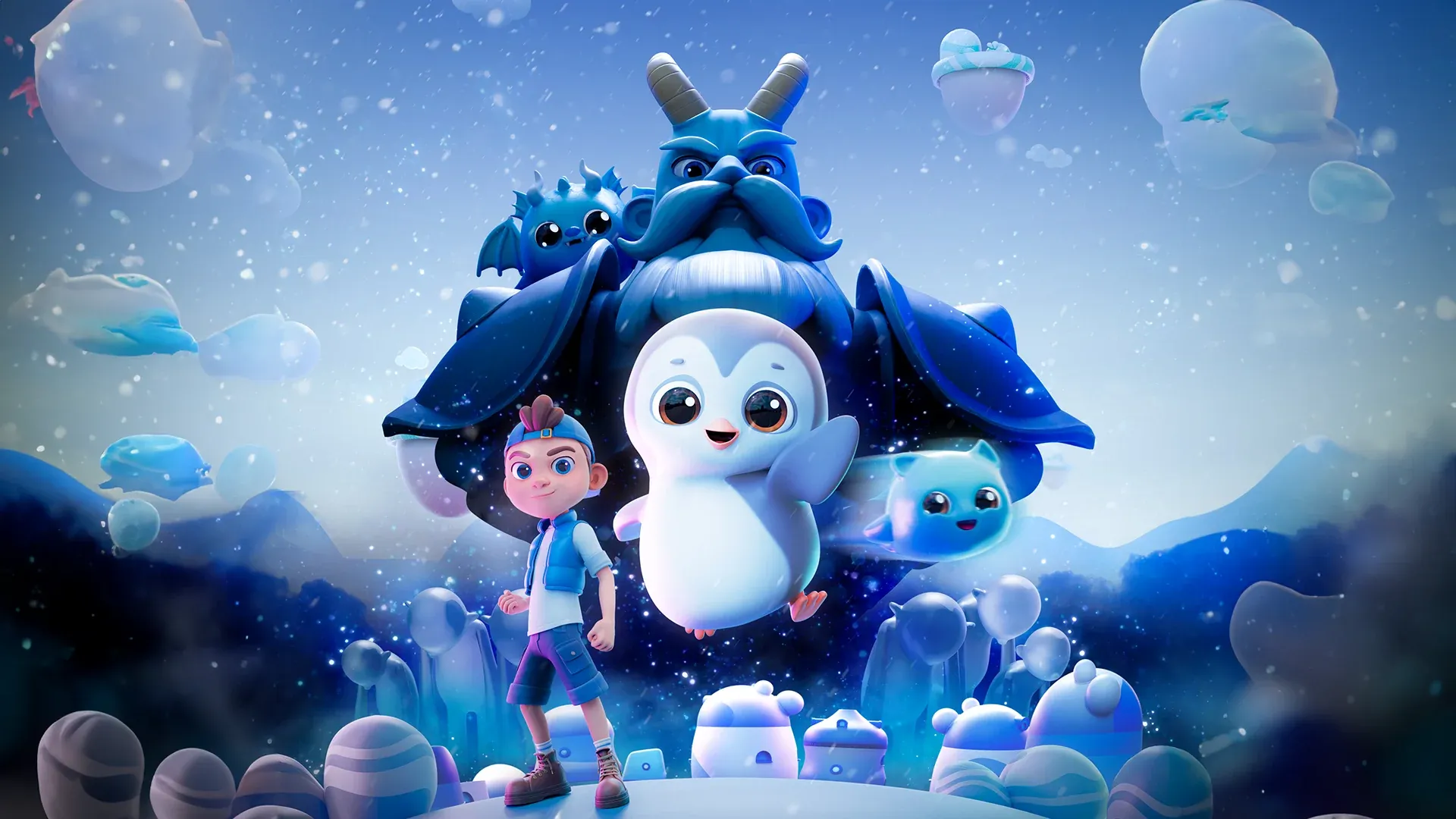 engu & the Guardians of Light animated series by NEA Studio, 3D rendered scene with penguin hero, blue dragon guardian, child character and fantasy creatures on snowy landscape with floating ice islands under starry sky